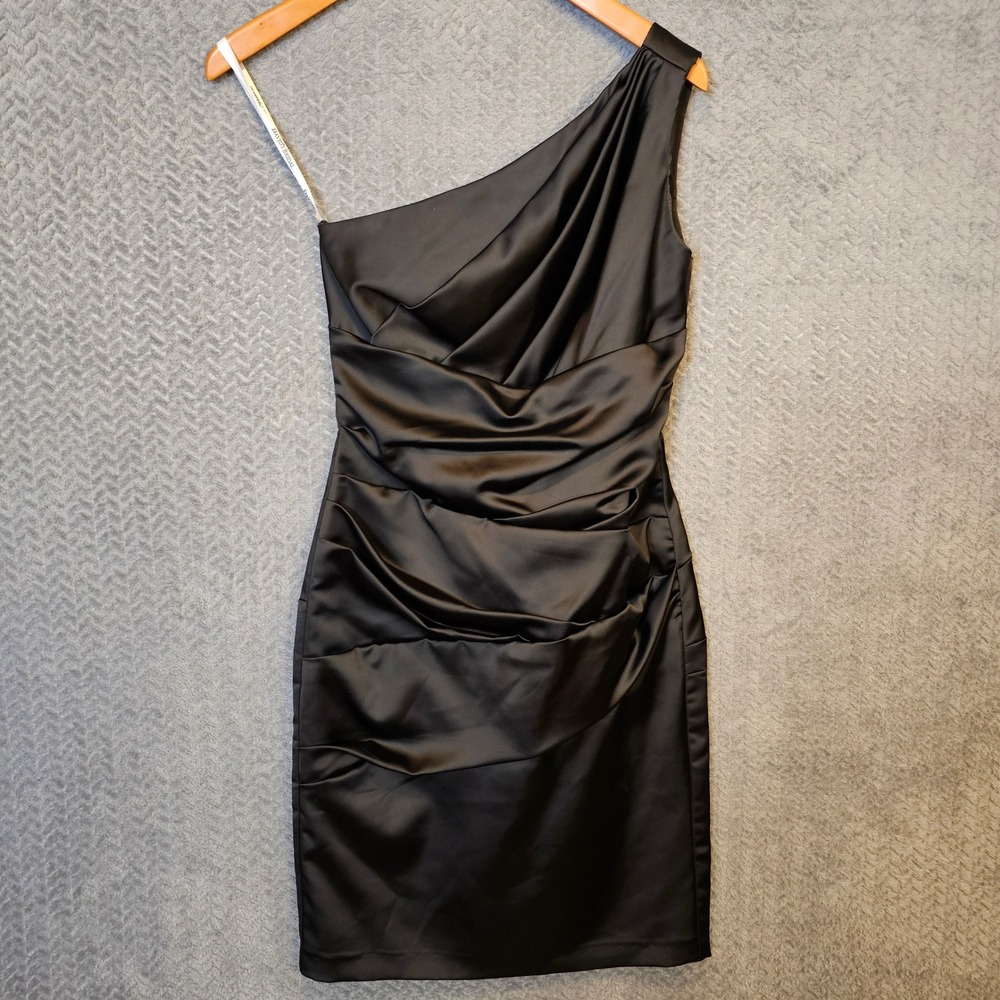 Davids Bridal Womens Black One Shoulder Ruched Satin Cocktail Dress Size 2